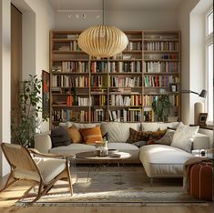 a living room filled with lots of furniture and bookshelves next to a window