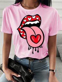 Simple Shirts, Women T Shirts, Printed Shorts, Clothing Items, Pink White, Insta Fashion, Round Neck, Black Pink, Womens Shirts