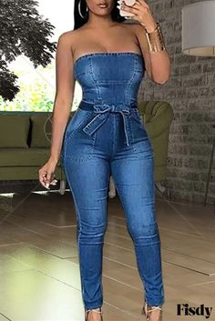 Fisdy - Stylish Dark Blue Solid Backless Strapless Skinny Jumpsuits for Fashion-Savvy Casual Wear Dark Blue Fashion, Bandeau Jumpsuit, Dark Wear, Blue Solid, Jumpsuit Fashion, Casual Denim, Tulum, Denim Fashion, Blue Fashion