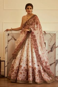 Shop for Cedar and Pine Ivory Dupion Floral Spray Print Lehenga Set for Women Online at Aza Fashions Engagement Outfits Indian, Gown For Engagement, Indian Engagement Outfit, Mukaish Embroidery, Flared Lehenga, Lehenga Anarkali, Mukaish Work, Engagement Lehenga, Print Lehenga