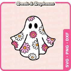 a white ghost with pink and yellow flowers on it's chest, standing in front of a pink background