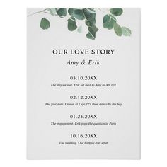 the wedding story card with eucalyptus leaves on it