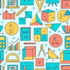 a colorful pattern with different types of math related objects and numbers on blue, pink, yellow and orange colors