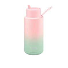 a pink and green water bottle with a straw sticking out of it's lid