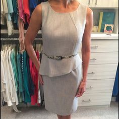 This Natural Peplum Dress Is Versatile And Professional. Chic Fitted Gray Dress, Chic Gray Fitted Dress, Fitted Gray Spring Dress, Fitted Gray Dress For Spring, Chic Gray Dresses For Work, Elegant Gray Summer Dresses, Chic Gray Dress For Office, Chic Gray Office Dress, Antonio Melani Dress