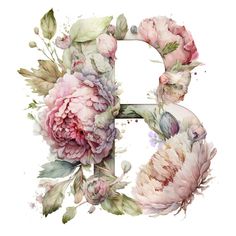 the letter e is made up of flowers and leaves, including pink peonies