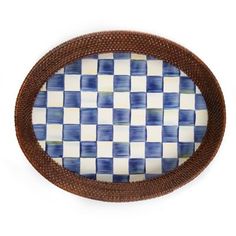 a blue and white checkerboard oval tray on a white background with brown trim