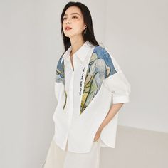 Van Gogh inspired shirt White Shirt With Abstract Print For Spring, Relaxed Fit Cotton Blouse With Abstract Print, Cotton Blouse With Abstract Print In Relaxed Fit, Cotton Blouse With Abstract Print And Relaxed Fit, Artistic Cotton Tops With Abstract Print, Artistic Cotton Top With Abstract Print, Oversized White Blouse With Graphic Print, White Artistic Shirt For Summer, Trendy Cotton Shirt With Abstract Print