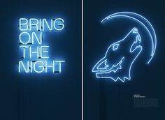 two neon signs with the words bring on the night and an image of a wolf's head