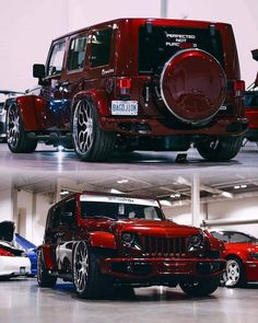 two pictures of the front and side of a red jeep with chrome rims on it