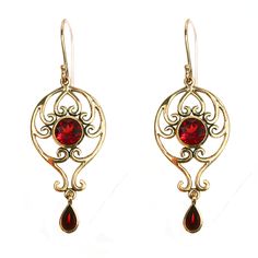 Capture the spirit of vintage appeal & a touch of glamour with these gorgeous Victorian drop earrings! These superbly crafted earrings have been handmade in 9ct Solid Yellow Gold with reference to a vintage design. A luxurious bezel set round cut NATURAL Garnet sits in the centre and is surrounded by filigree patterns while a pear shaped bezel set NATURAL Garnet dangles from the chandelier capturing the attention of onlookers. French hook wires attach to these earrings which will make a love Luxury French Hook Earrings For Gift, Ornate Formal Earrings With Lever Back, Classic Filigree Earrings, Vintage Earrings As Gift With Elegant Design, Vintage Emerald Earrings, Antique Diamond Earrings, Victorian Drop Earrings, Crafted Earrings, Filigree Pattern