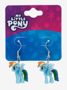 a pair of earrings with a pony on the front and rainbow manes on the back