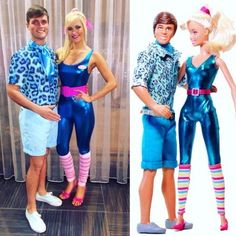 two barbie dolls are posed next to each other, one is dressed in blue and the other has pink socks