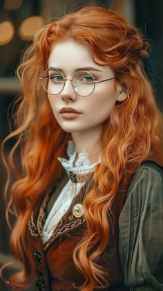 a woman with long red hair wearing glasses