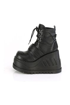 3/4" Wedge Platform Lace-Up Ankle Boot w/ Hook & Loop Strap - Fit Guide: True To Size - Heel Specifications: 4 3/4" Wedge Platform - Country of Origin: Imported - Brand: Demonia Shopping Shoes, Japan Woman, Lace Up Ankle Boots, Black 7, Platform Wedges, Black Ankle Boots, Black Faux Leather, Shoe Shop, Black Boots