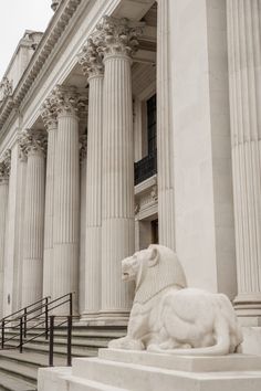 a large white lion statue sitting in front of a building with columns on both sides