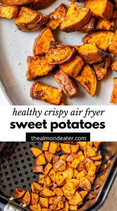 roasted sweet potatoes in the air fryer with text overlay that reads healthy crispy air - fryer sweet potatoes