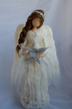 an angel with long hair holding a star in its hands and wearing a white dress