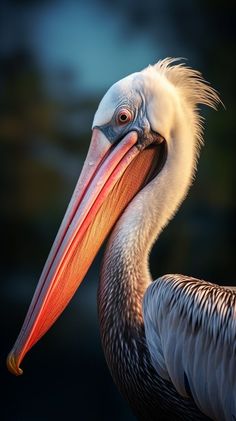 a close up of a pelican with a long beak and large bill,