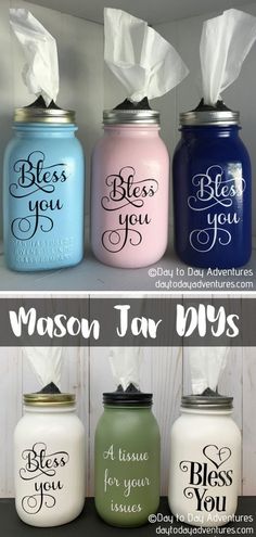 four mason jars with tissue dispensers in them and the words,'be you