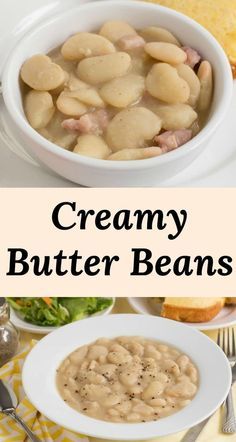 creamy butter beans in a white bowl on a yellow and white placemat