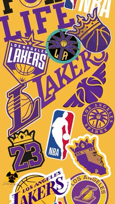 the los lakers sticker sheet is shown in purple, yellow and orange colors with different logos