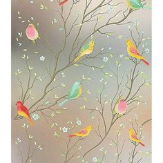 a painting of birds sitting on branches with flowers and leaves in front of a gray background