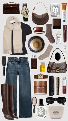 the contents of a woman's purse are arranged in a collage, including boots, sweaters, scarf, coffee cup and other items