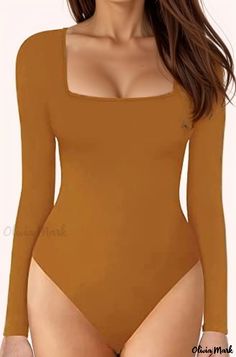 Olivia Mark - Sleek and Sophisticated Long-Sleeve Bodysuit with Alluring Form-Fitting Square Neckline Elegant Solid Color Bodysuit With Square Neck, Elegant Solid Color Bodysuit For Fall, Casual Brown Long Sleeve Bodysuit, Non-stretch Solid Bodysuit For Fall, Non-stretch Solid Color Bodysuit For Fall, Non-stretch Bodysuit For Fall, Fitted Bodysuit With Square Neck, Brown Fitted Long Sleeve Bodysuit, Fitted Brown Long Sleeve Bodysuit