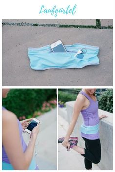 an image of a woman using her cell phone while wearing a blue towel and running leggings