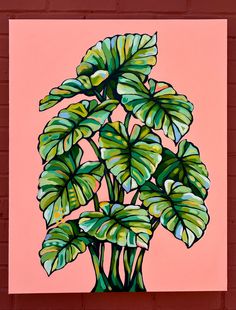 a painting of a large green plant on a pink background with red bricks behind it