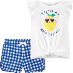 Designed With A Cute Slogan And A Tie-Front Design, This Top Sits Pretty Over Coordinating Gingham Shorts. Brand New In Original Packaging From Carter's! Features: - 2-Piece Set - Flutter Sleeves - Ribbed Neckline - Tie-Front Design - Screen-Printed Lemon And "You're My Main Squeeze" Slogan - Covered Elastic Waistband For A Comfy Fit - Non-Functional Drawstring - Allover Gingham Print Fabric & Care: Top: 100% Cotton Lightweight Jersey Shorts: 100% Cotton French Terry Casual Cotton Gingham Sets, Casual Gingham Cotton Sets, Playful Gingham Sets For Spring, Summer Gingham Playtime Set, Summer Gingham Sets For Playtime, Summer Gingham Short Sleeve Sets, Summer Gingham Sets With Short Sleeves, Casual Gingham Sets For Spring, Casual Spring Gingham Sets