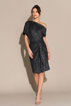 Shimmer and shine in this short sleeve sequined party dress. The asymmetric off-shoulder design creates a trendy and bold look. The bodycon silhouette hugs your curves beautifully, making you feel confident and elegant. Perfect for parties and special occasions, this dress will make you the center of attention.Material : 90%Polyester+10%ElastaneElasticity : MediumSku : CL2463A23*Package : 1*DressCare instructions:Do Not Bleach.Separate dark colors.Iron Low Heat. Knee-length Black Asymmetrical Party Dress, Black Off-shoulder Asymmetrical Cocktail Dress, Black Embellished Off-shoulder Dress, Glamorous Embellished Mini-length Sequin Dress, Luxury Black Off-shoulder Asymmetrical Dress, Party Midi Dress, Shimmer And Shine, Shimmer N Shine, Midi Dress Party