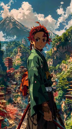 an anime character with red hair standing in front of a mountain and looking at the sky