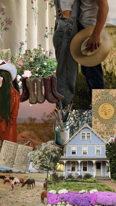 a collage of photos with flowers, pictures and people in cowboy hats on the ground