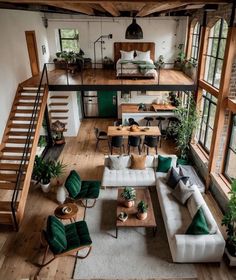 a living room filled with lots of furniture next to a wooden floor covered in plants