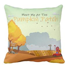 the pumpkin patch pillow has an image of a farm scene with a red truck on it