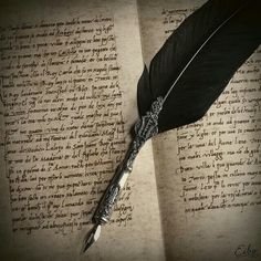 a feather quill resting on top of an old book with writing in the background