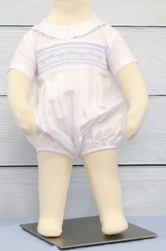 Smocked baby clothes such as a baby boy bubble romper are the perfect outfit for a baby boy baptism outfit or baby boy dedication. Baby boy clothes are perfect for a coming home outfit and is white smocked in blue and is available for immediate shipping. Baby Bubble Romper | Smocked Baby Clothes | Smocked Baby Boy | Baby Boy Bubble Romper | Baby Boy Clothes | Coming Home Outfit We do not go by age or weight. We suggest that you lay a garment flat that fits him loosely. Measure from the shoulder Christening Outfits For Boys, Baby Boy Bubble Romper, Smocked Baby Clothes, Christening Outfits, Baby Boy Christening Outfit, Baby Christening Outfit, Baby Boy Baptism Outfit, Boy Christening Outfit