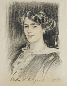 a black and white drawing of a woman with curly hair wearing a dress, looking to the side