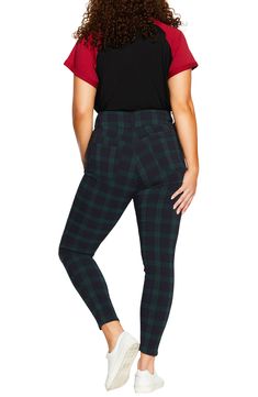 Channel your inner grunge style in this pair of skinny jeans that feature a bold check design. Zip fly with button closure Five-pocket style 75% viscose, 22% polyester, 3% elastane Machine wash, line dry Imported Women's Clothing Trendy Plaid Jeans For Fall, Edgy Plaid Bottoms For Fall, Fitted Plaid Edgy Bottoms, Edgy Fitted Plaid Bottoms, Punk Plaid Leggings, Cheque Design, City Chic, Grunge Fashion, Black Jeans