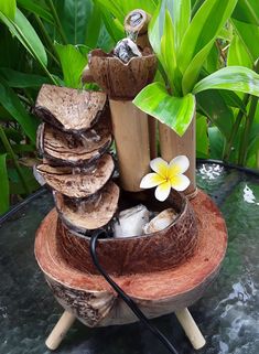 a tree stump with some flowers in it on top of a table next to plants