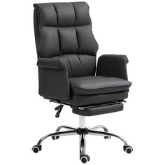 a black office chair with chrome base and footrests on an isolated white background