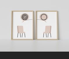 two framed art pieces with chairs and a speech bubble above them on a white wall