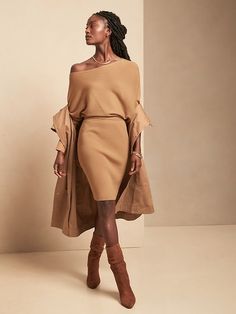 Off-shoulder dress Monochromatic Outfit, Off Shoulder Sweater, Skirt Long, Knit Stitch, Banana Republic Dress, Business Casual Outfits, Shoulder Sweater, Winter Dresses, Dress First