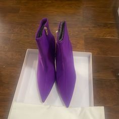 Nib Good American Royal Purple Ankle Boots Pointed Toe Stiletto Neoprene Bootie 11 Good American Purple Ankle Boots Style# Ga116sn-X Royals Purple Neoprene, Interior Side Zipper Closure Pointed Toe, Approximate 3.5” Stiletto Heel With Gold Metal Detailing Sleek, Simple & Sexy The Purple Is Amazing Women’s Size 11 Purple Ankle Boots, Ankle Boots Style, Ankle Boots Pointed Toe, Boots Style, Royal Purple, Good American, The Purple, Purple Gold, Stiletto Heel