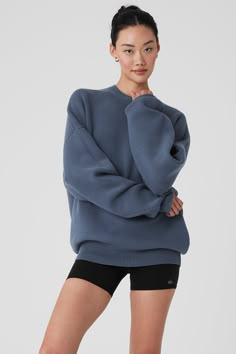 Scholar Crew Neck Sweater - Bluestone Oversized Sweater With Shorts, Wellness Clothing, Dahyun Outfits, Sweater And Shorts Outfit, Alo Sweatshirt, Workout Outfits Women, Workout Outfits For Women, Chanel Loafers, Sweater Shorts