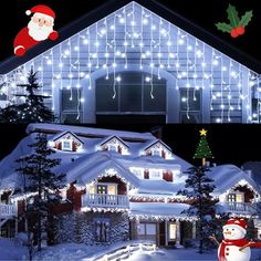 a house with christmas lights on it and a snowman in front