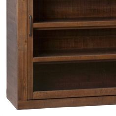 a wooden cabinet with two shelves on one side and an open door on the other