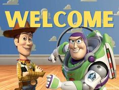 a cartoon character is standing next to another character in the movie, buzz lightyear